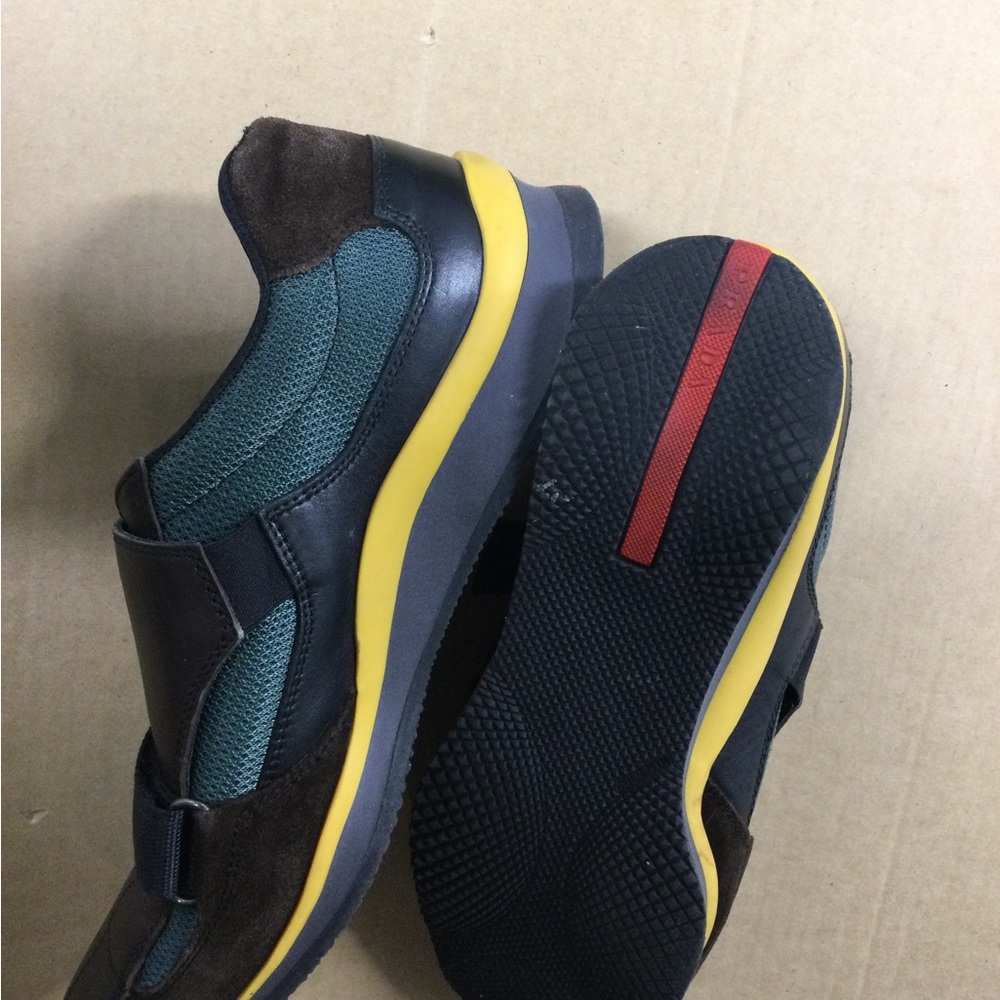 Prada Men's Green, Brown and Yellow Athletic Slip-On Sneakers